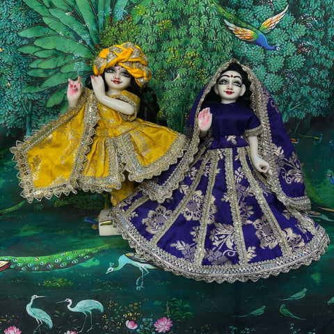9 Inch Yugal Sarkar Banarasi Fabric Dress Yellow Purple Dress