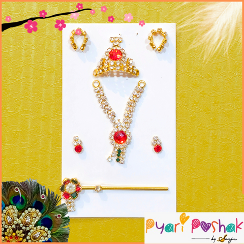 LG Golden Red Mukut Mala Tops Bansuri Set – A Royal Adornment for Laddu Gopal ❤️✨